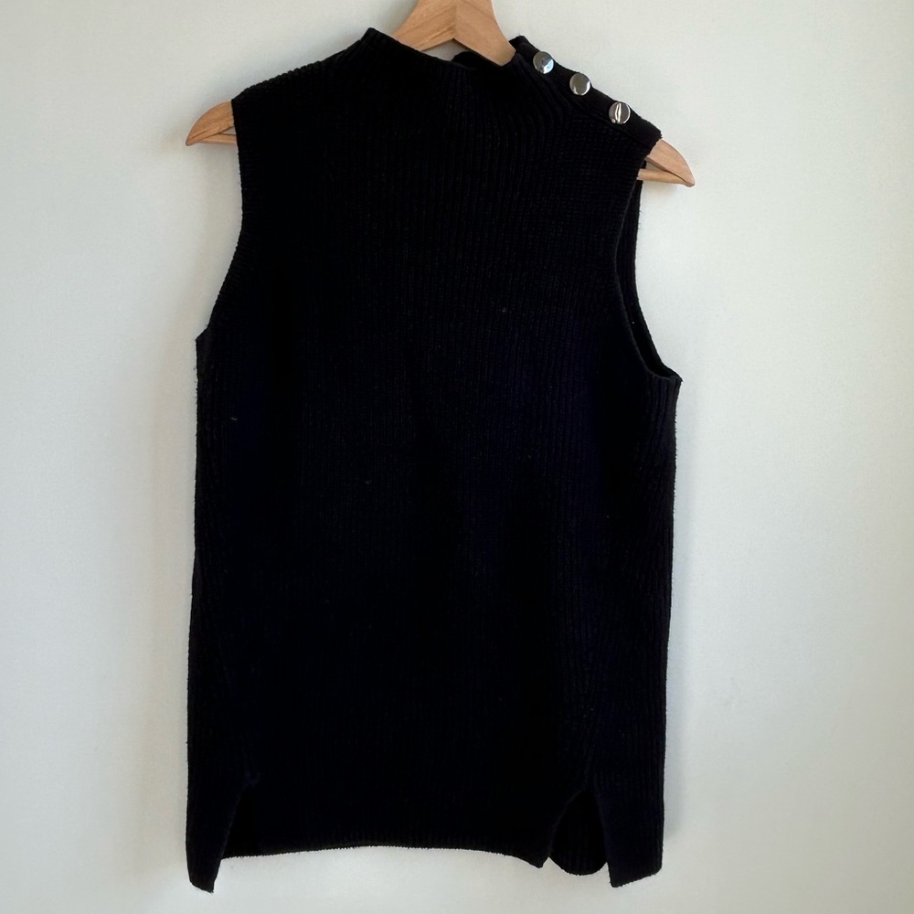 LOFT Charcoal Ribbed Mock Neck Sleeveless Sweater with Shoulder Buttons